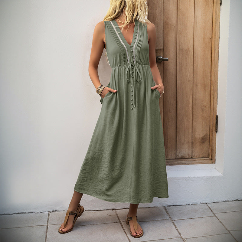Solid V-Neck Sleeveless Tank Dress