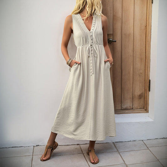 Solid V-Neck Sleeveless Tank Dress